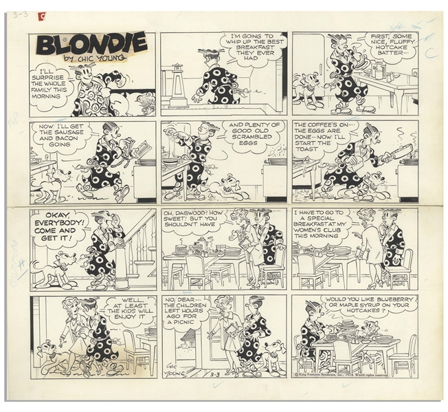 Chic Young Hand-Drawn ''Blondie'' Sunday Comic Strip From 1974 -- Featuring Dagwood, Blondie & Daisy, & One of the Last Chic Young ''Blondie'' Strips